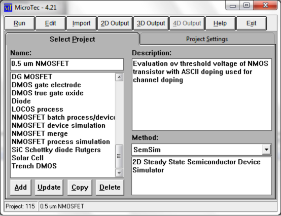 MicroTec Select Project dialog listing device templates and simulation method