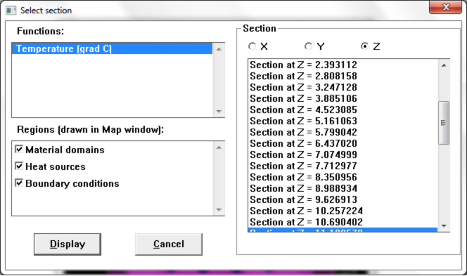 SibLin Select Section dialog choosing a function and X, Y or Z cross-section plane
